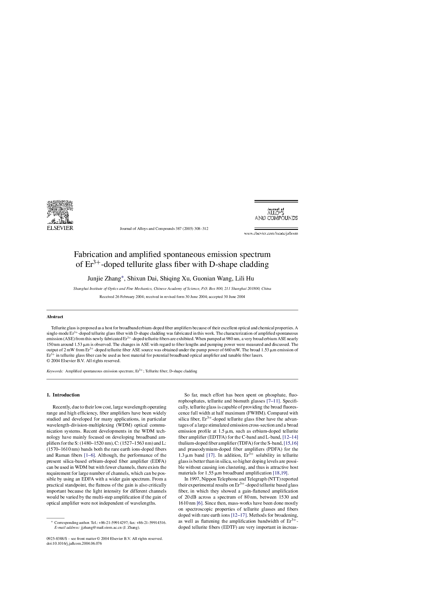 Fabrication and amplified spontaneous emission spectrum of Er3+-doped tellurite glass fiber with D-shape cladding