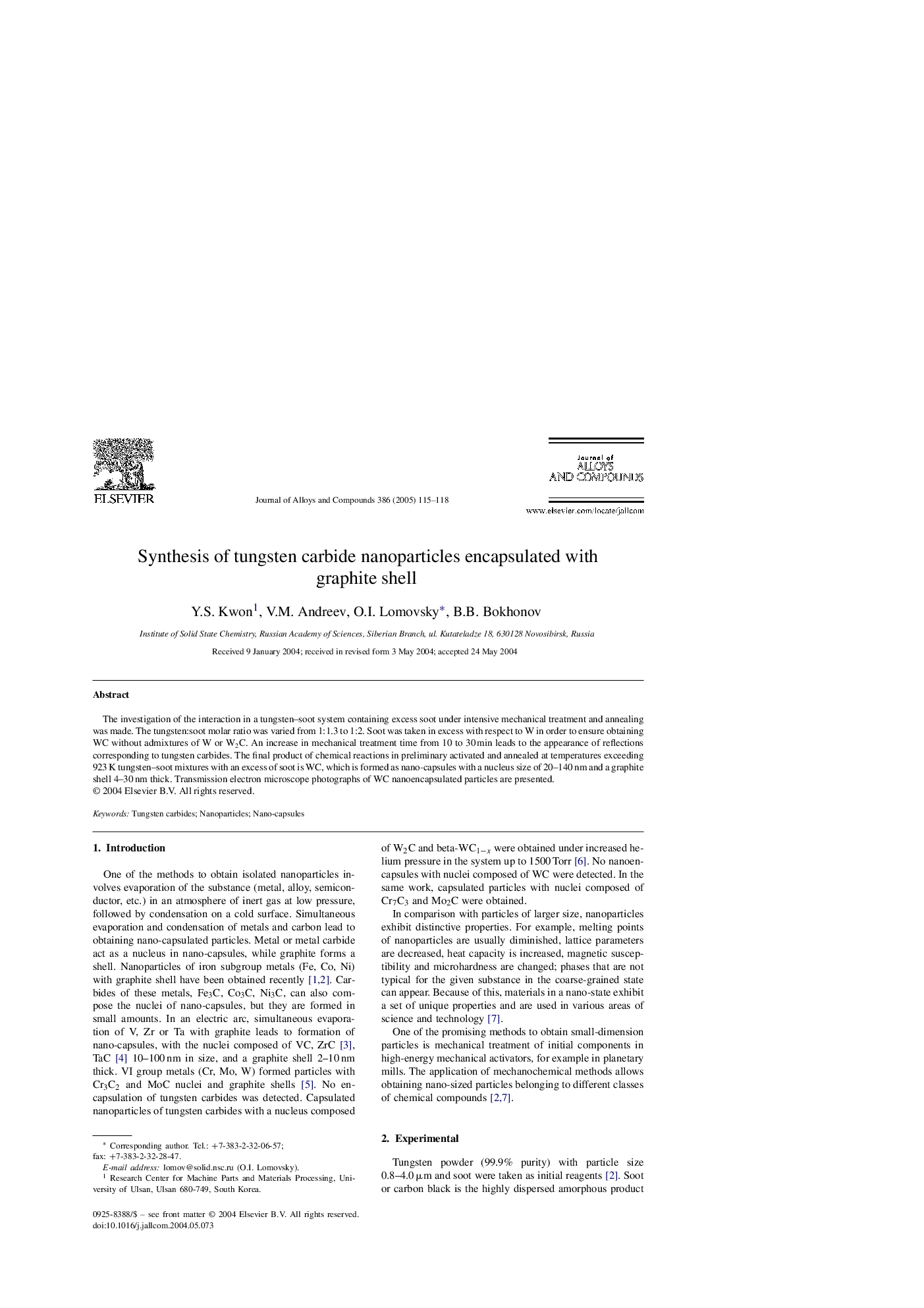 Synthesis of tungsten carbide nanoparticles encapsulated with graphite shell