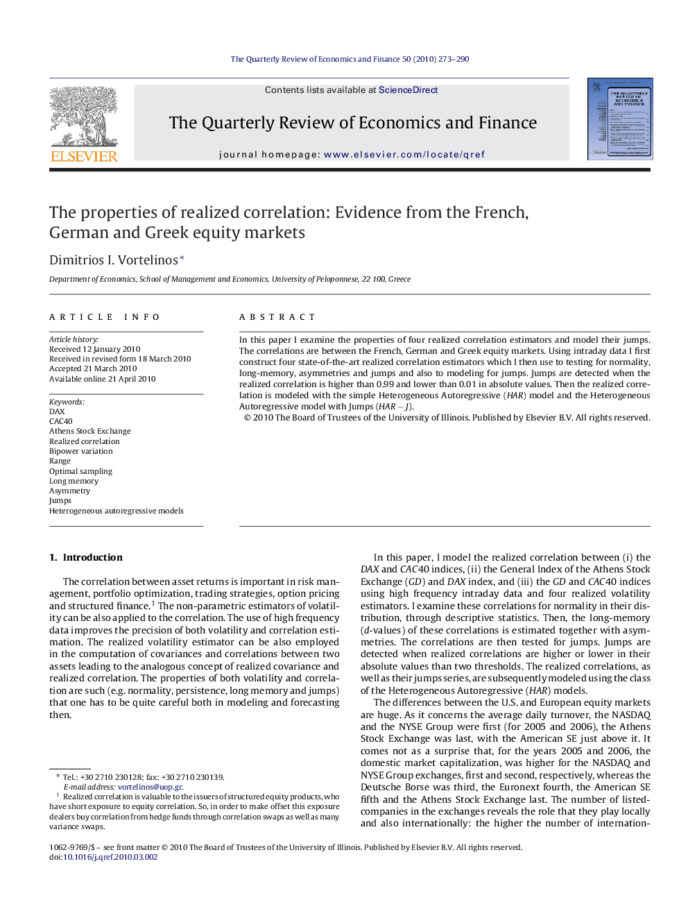 The properties of realized correlation: Evidence from the French, German and Greek equity markets