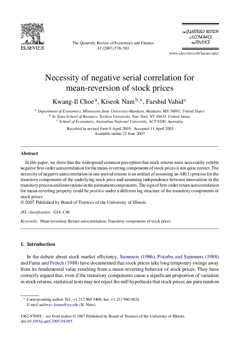 Necessity of negative serial correlation for mean-reversion of stock prices