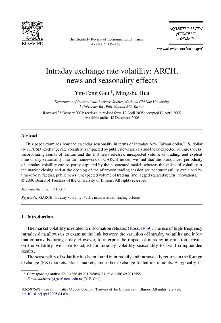 Intraday exchange rate volatility: ARCH, news and seasonality effects