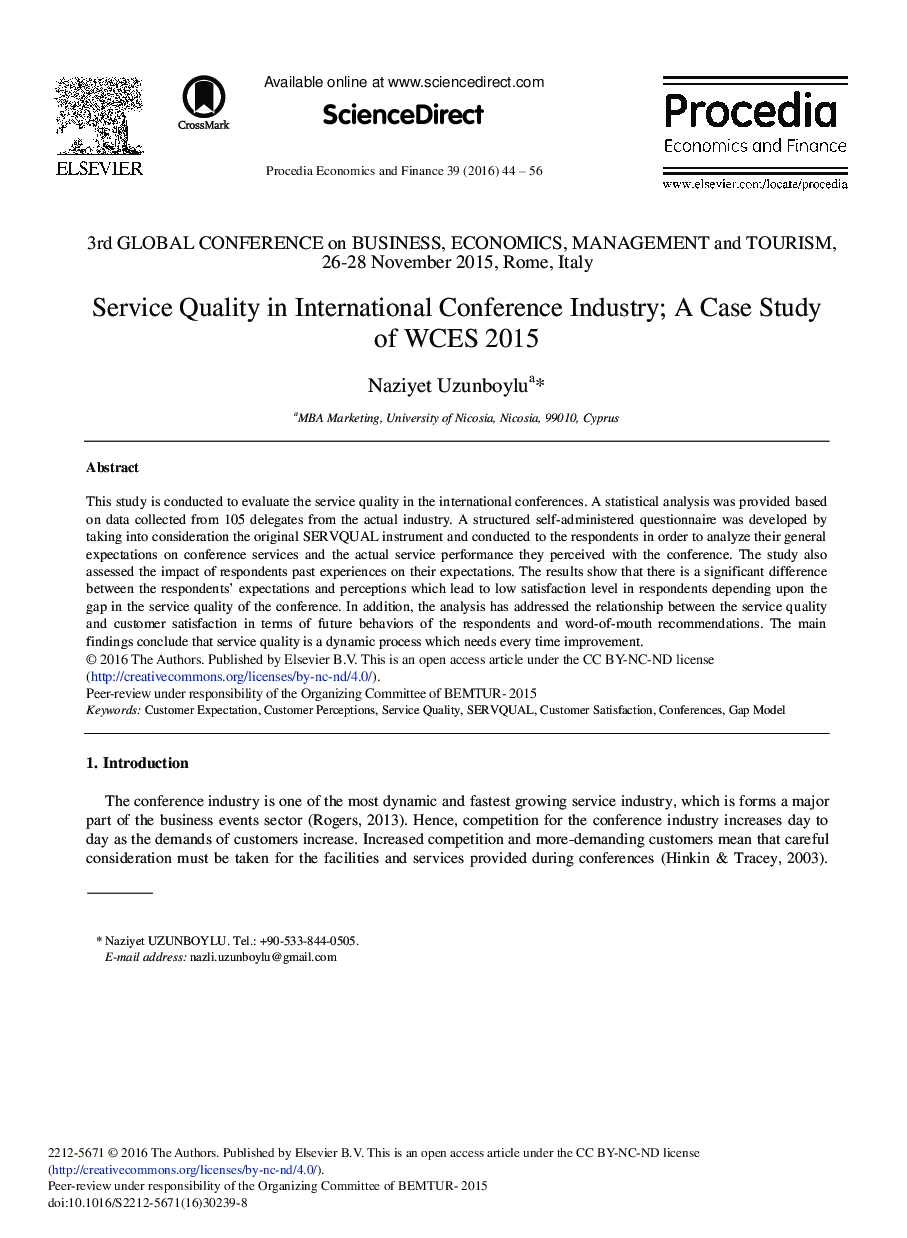 کیفیت خدمات در صنعت کنفرانس بین المللی؛ مطالعه موردی WCES 2015