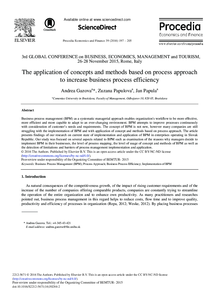 The Application of Concepts and Methods Based on Process Approach to Increase Business Process Efficiency 