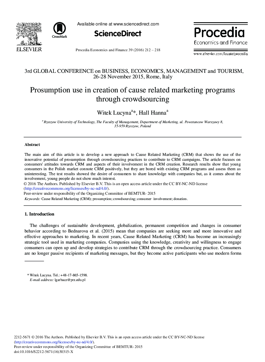 Prosumption Use in Creation of Cause Related Marketing Programs through Crowdsourcing 