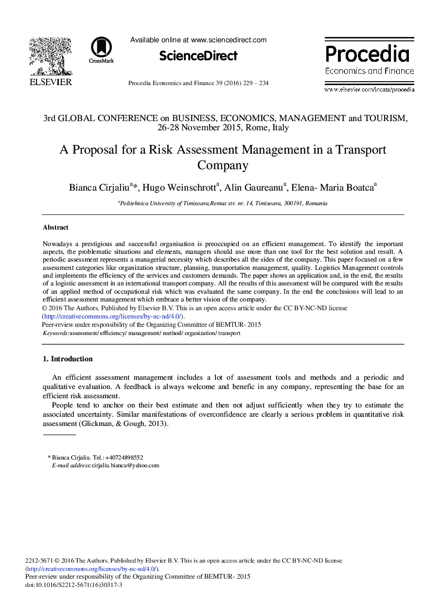 A Proposal for a Risk Assessment Management in a Transport Company 