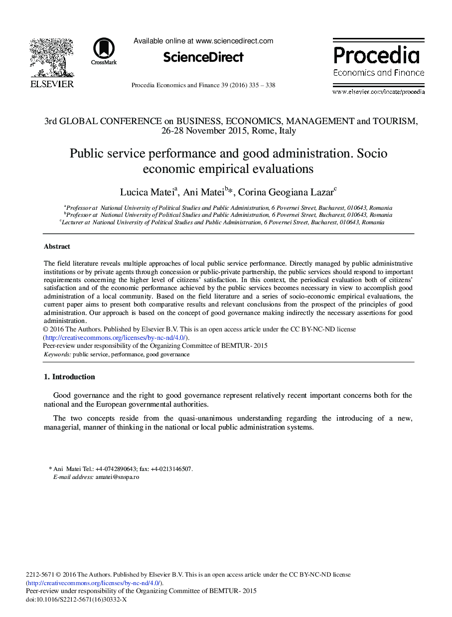 Public Service Performance and Good Administration. Socio Economic Empirical Evaluations 