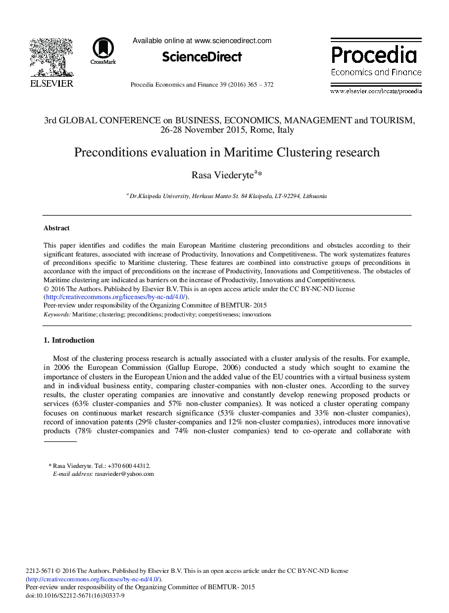 Preconditions Evaluation in Maritime Clustering Research 