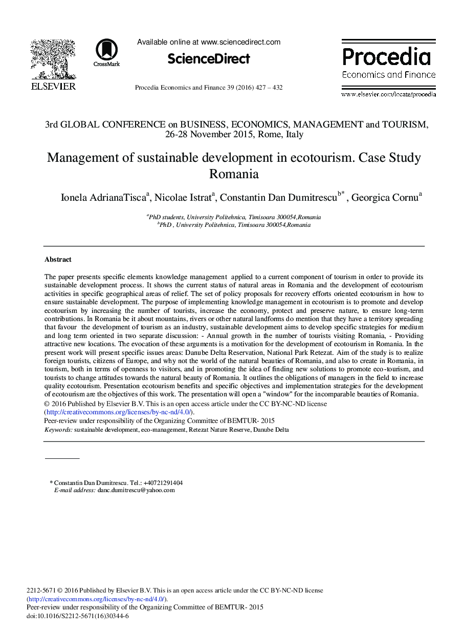 Management of Sustainable Development in Ecotourism. Case Study Romania 