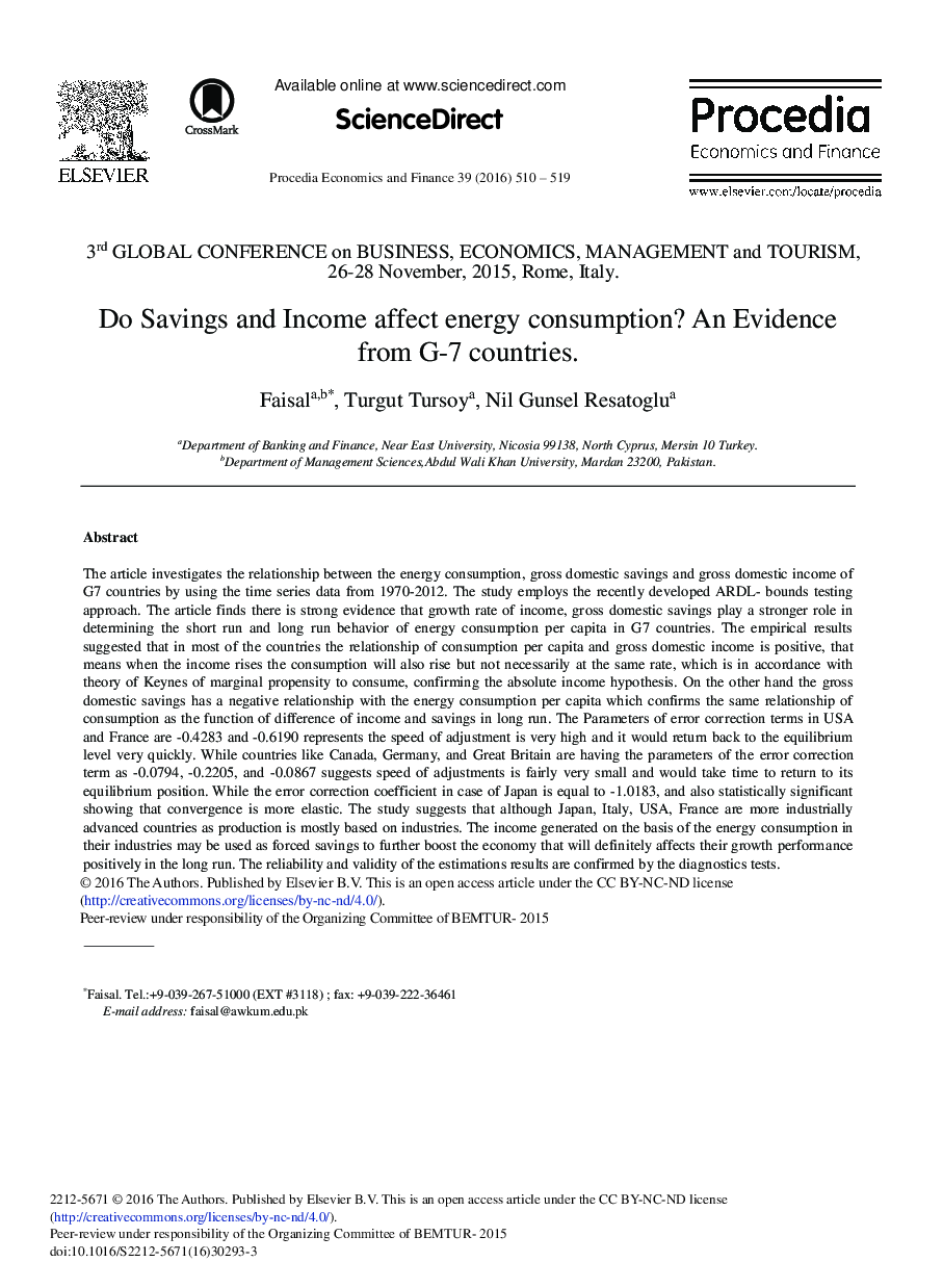 Do Savings and Income Affect Energy Consumption? An Evidence from G-7 Countries 