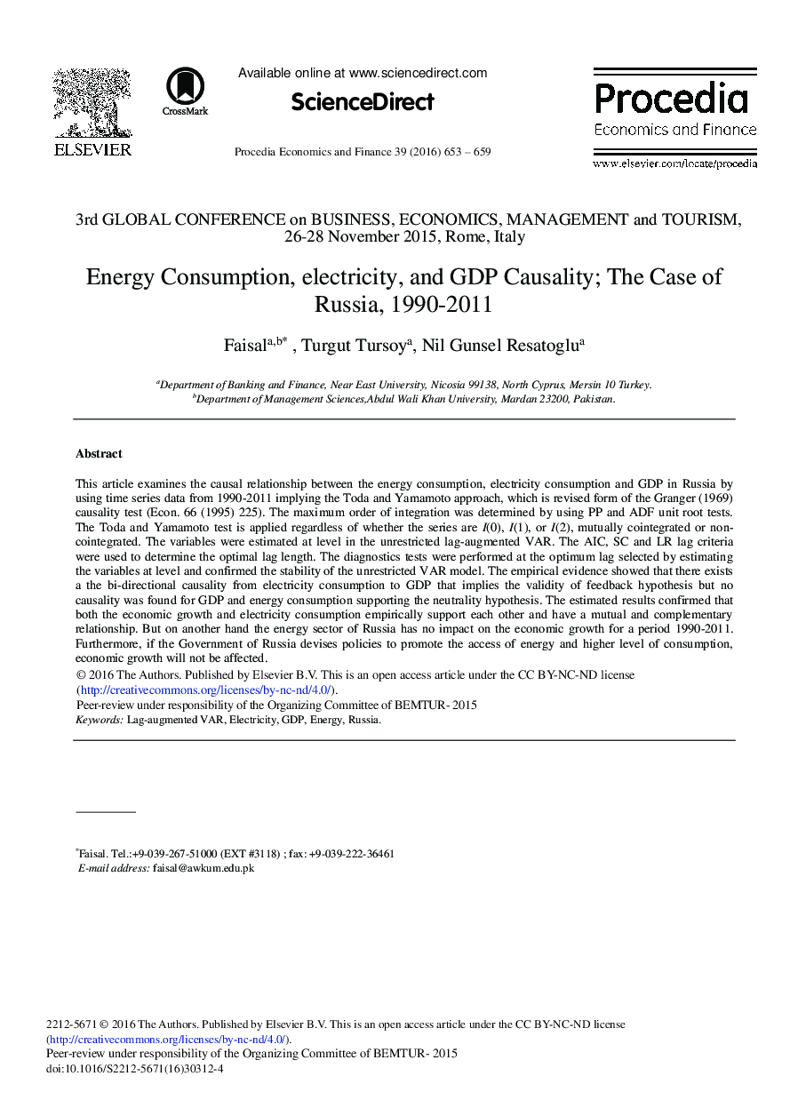 Energy Consumption, Electricity, and GDP Causality; The Case of Russia, 1990-2011 