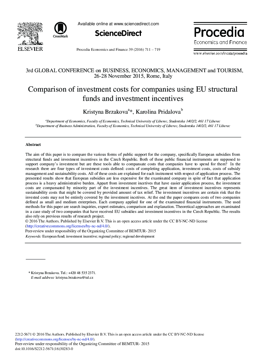 Comparison of Investment Costs for Companies Using EU Structural Funds and Investment Incentives 