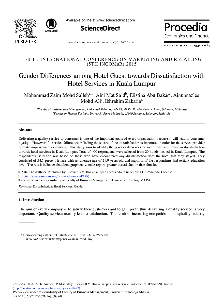Gender Differences Among Hotel Guest Towards Dissatisfaction with Hotel Services in Kuala Lumpur 