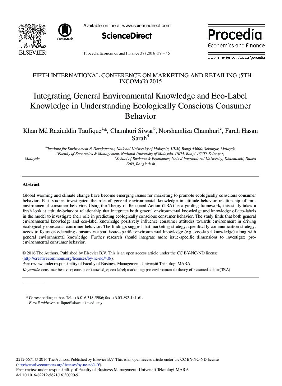 Integrating General Environmental Knowledge and Eco-Label Knowledge in Understanding Ecologically Conscious Consumer Behavior 