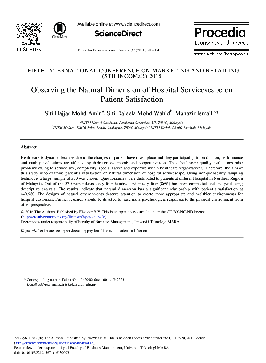 Observing the Natural Dimension of Hospital Servicescape on Patient Satisfaction 