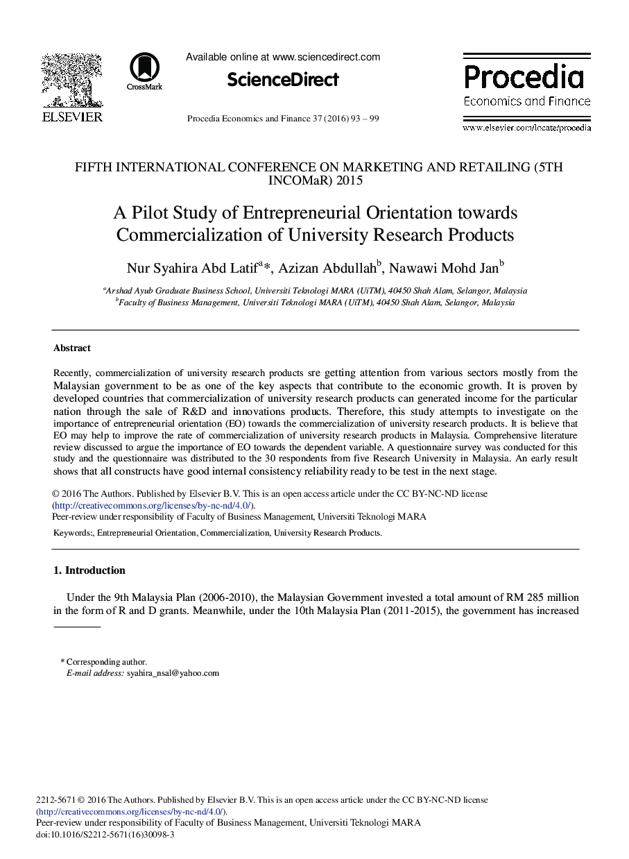 A Pilot Study of Entrepreneurial Orientation towards Commercialization of University Research Products 