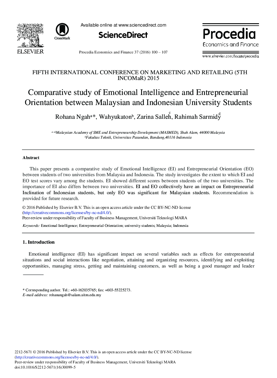 Comparative Study of Emotional Intelligence and Entrepreneurial Orientation Between Malaysian and Indonesian University Students 