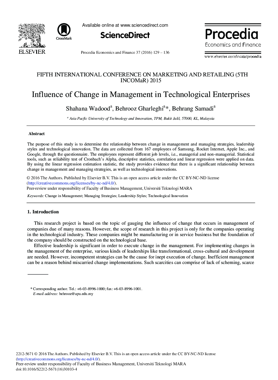 Influence of Change in Management in Technological Enterprises 