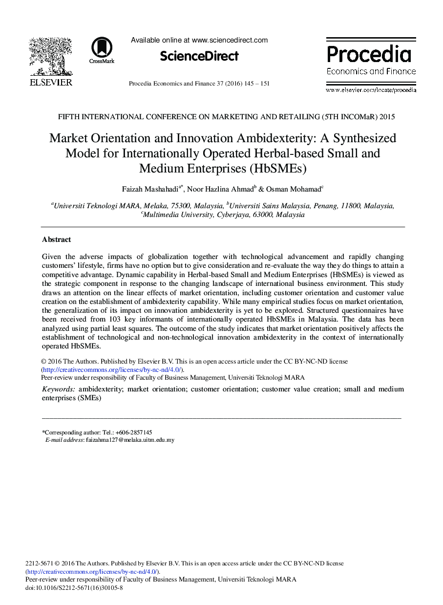 Market Orientation and Innovation Ambidexterity: A Synthesized Model for Internationally Operated Herbal-based Small and Medium Enterprises (HbSMEs) 