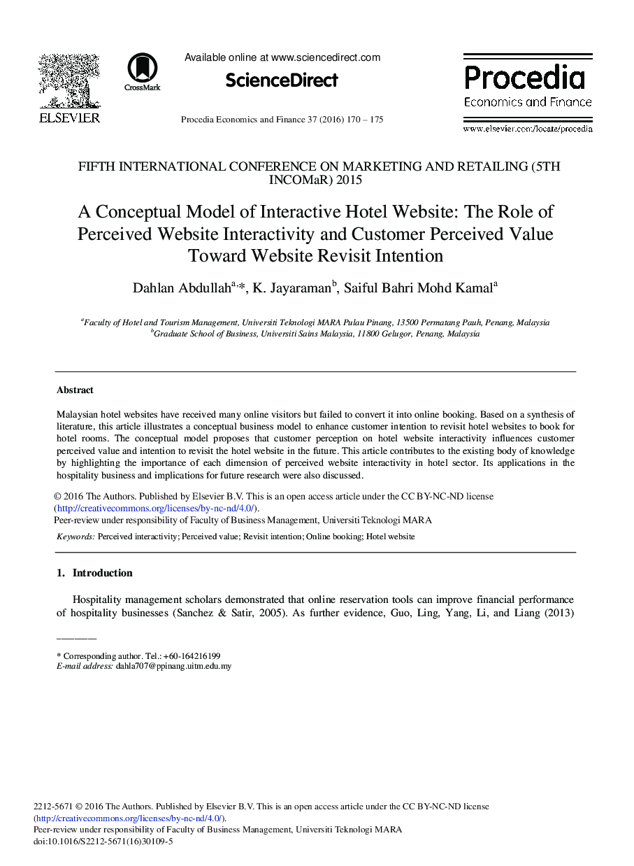 A Conceptual Model of Interactive Hotel Website: The Role of Perceived Website Interactivity and Customer Perceived Value Toward Website Revisit Intention 