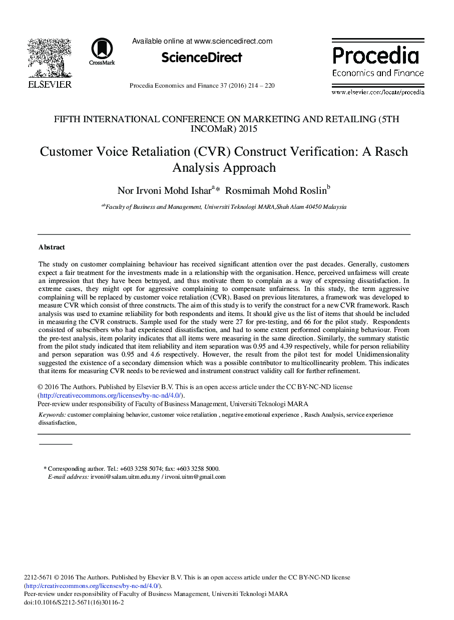 Customer Voice Retaliation (CVR) Construct Verification: A Rasch Analysis Approach 