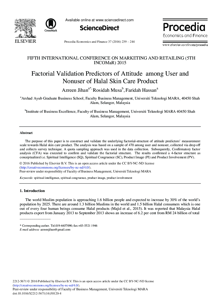 Factorial Validation Predictors of Attitude among user and Nonuser of Halal Skin Care Product 