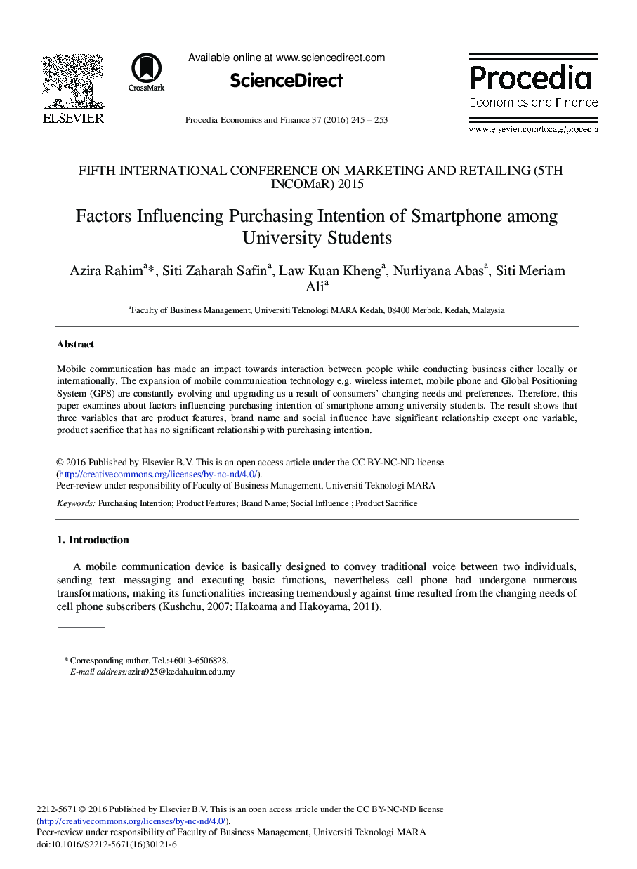 Factors Influencing Purchasing Intention of Smartphone among University Students 