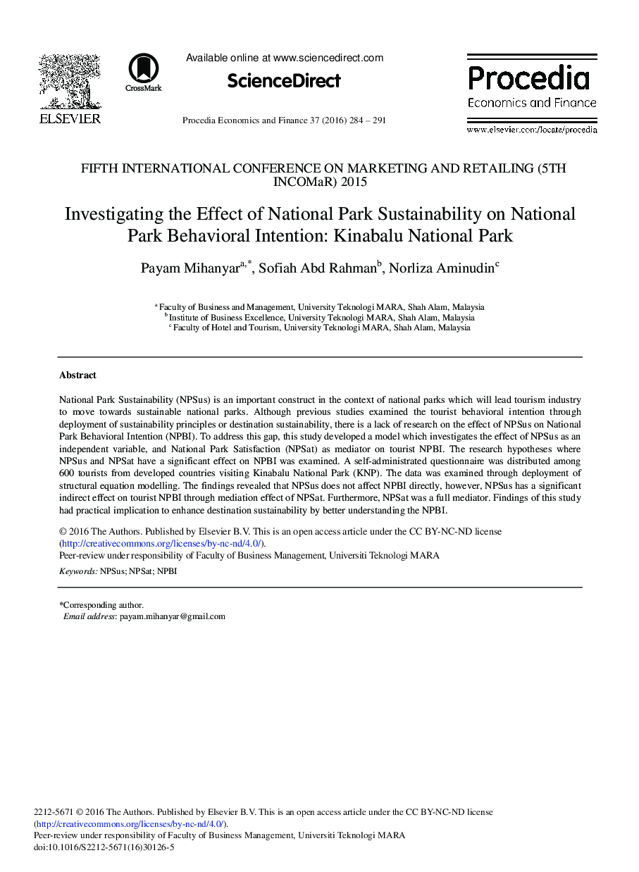 Investigating the Effect of National Park Sustainability on National Park Behavioral Intention: Kinabalu National Park 