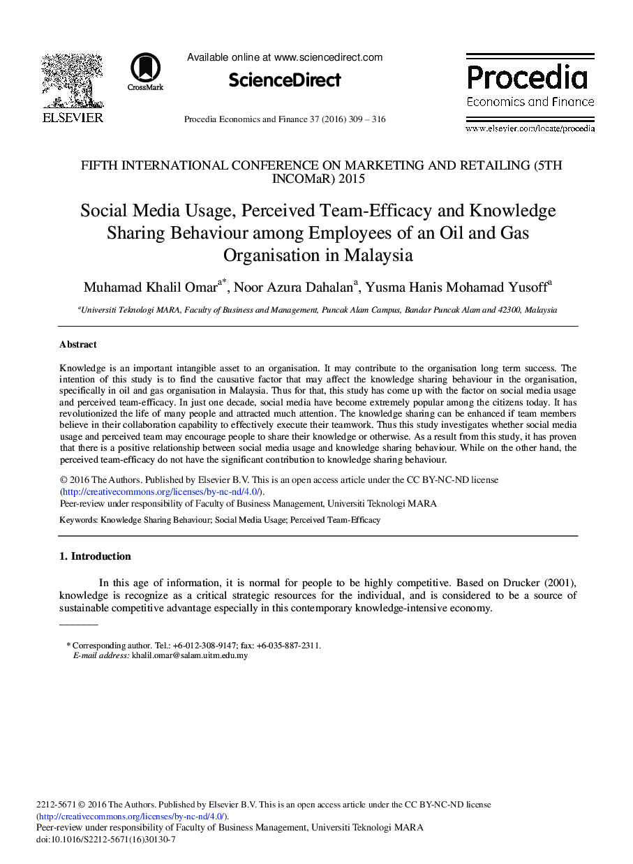 Social Media Usage, Perceived Team-Efficacy and Knowledge Sharing Behaviour among Employees of an Oil and Gas Organisation in Malaysia 