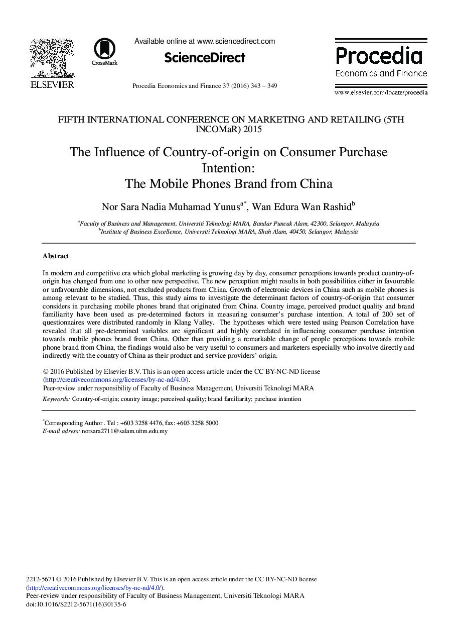 The Influence of Country-of-origin on Consumer Purchase Intention: The Mobile Phones Brand from China 