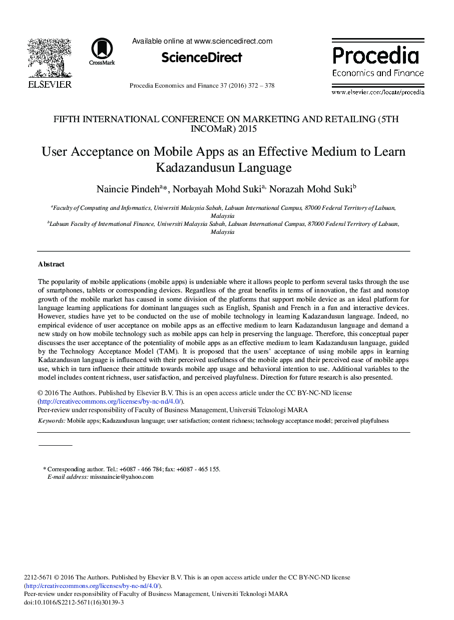 User Acceptance on Mobile Apps as an Effective Medium to Learn Kadazandusun Language 