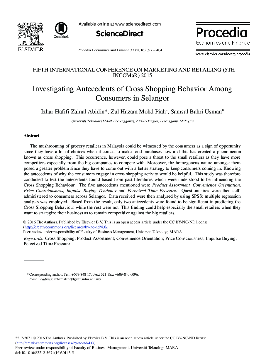 Investigating Antecedents of Cross Shopping Behavior among Consumers in Selangor 