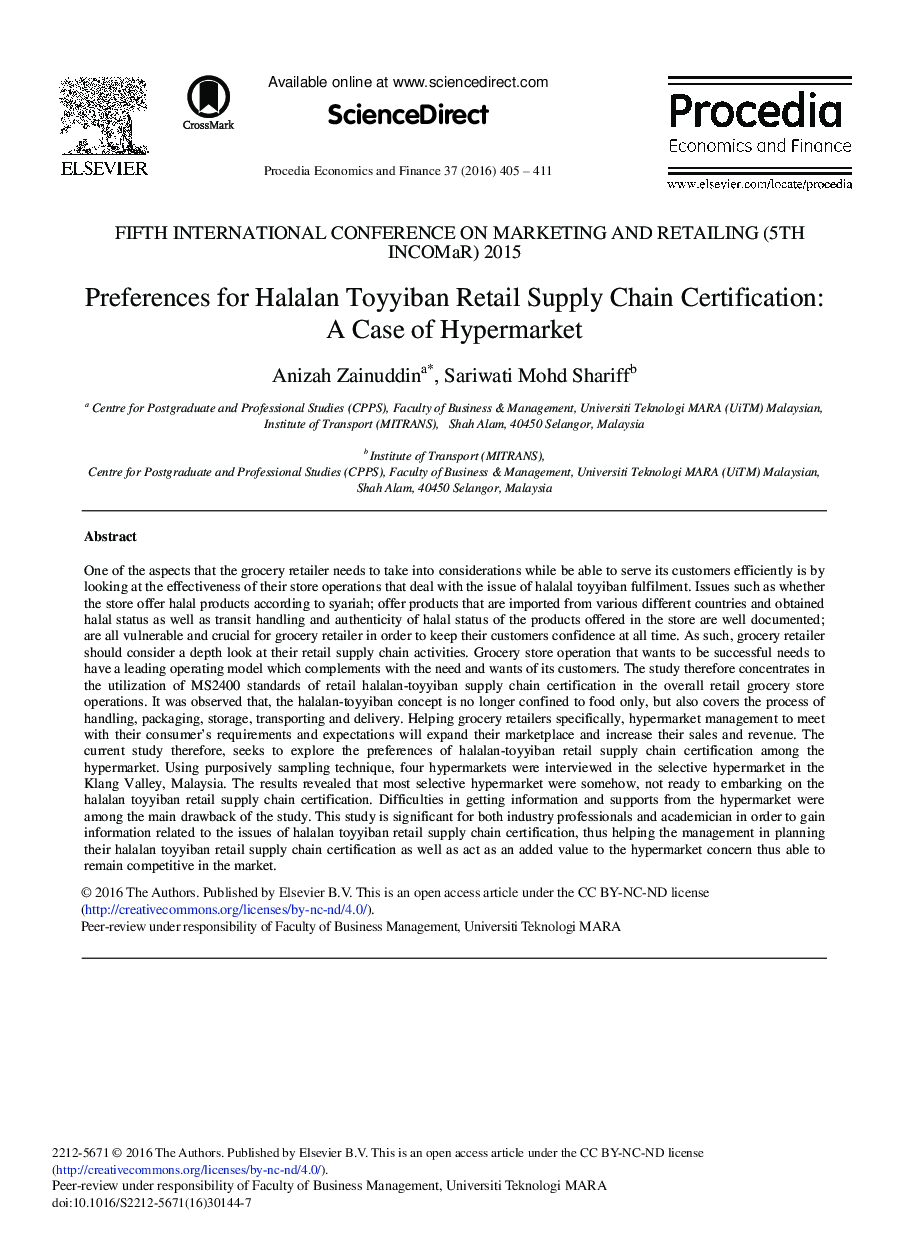 Preferences for Halalan Toyyiban Retail Supply Chain Certification: A Case of Hypermarket 