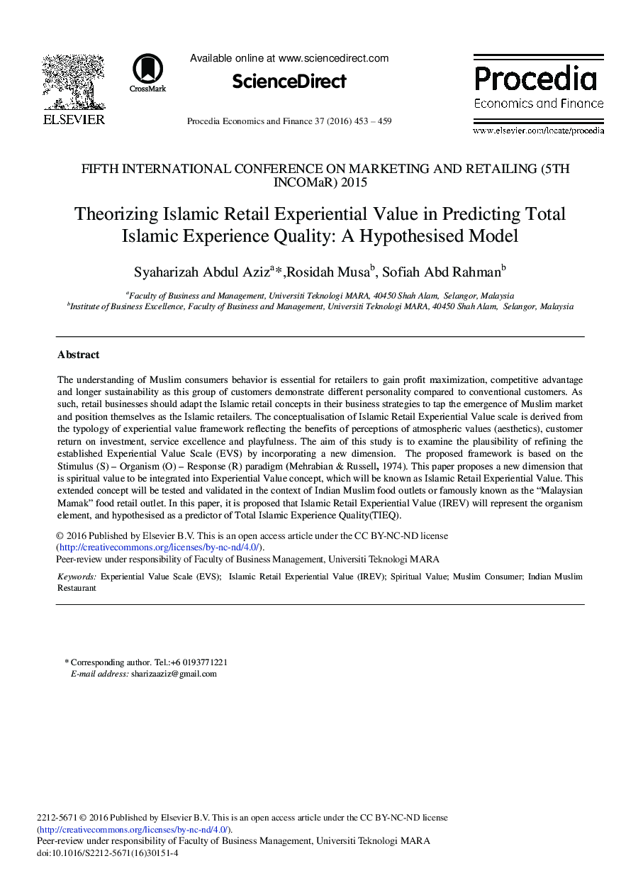 Theorizing Islamic Retail Experiential Value in Predicting Total Islamic Experience Quality: A Hypothesised Model 