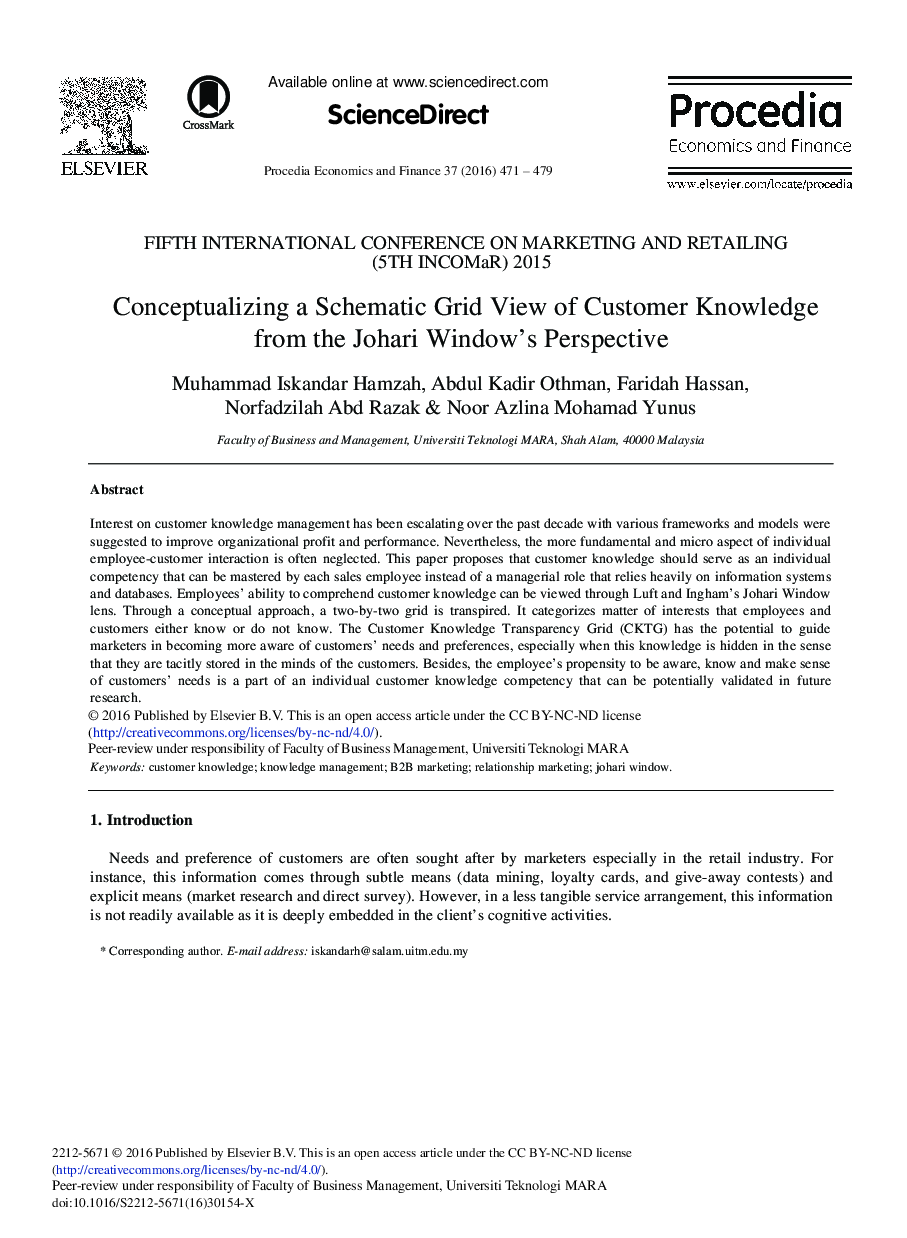 Conceptualizing a Schematic Grid View of Customer Knowledge from the Johari Window's Perspective 