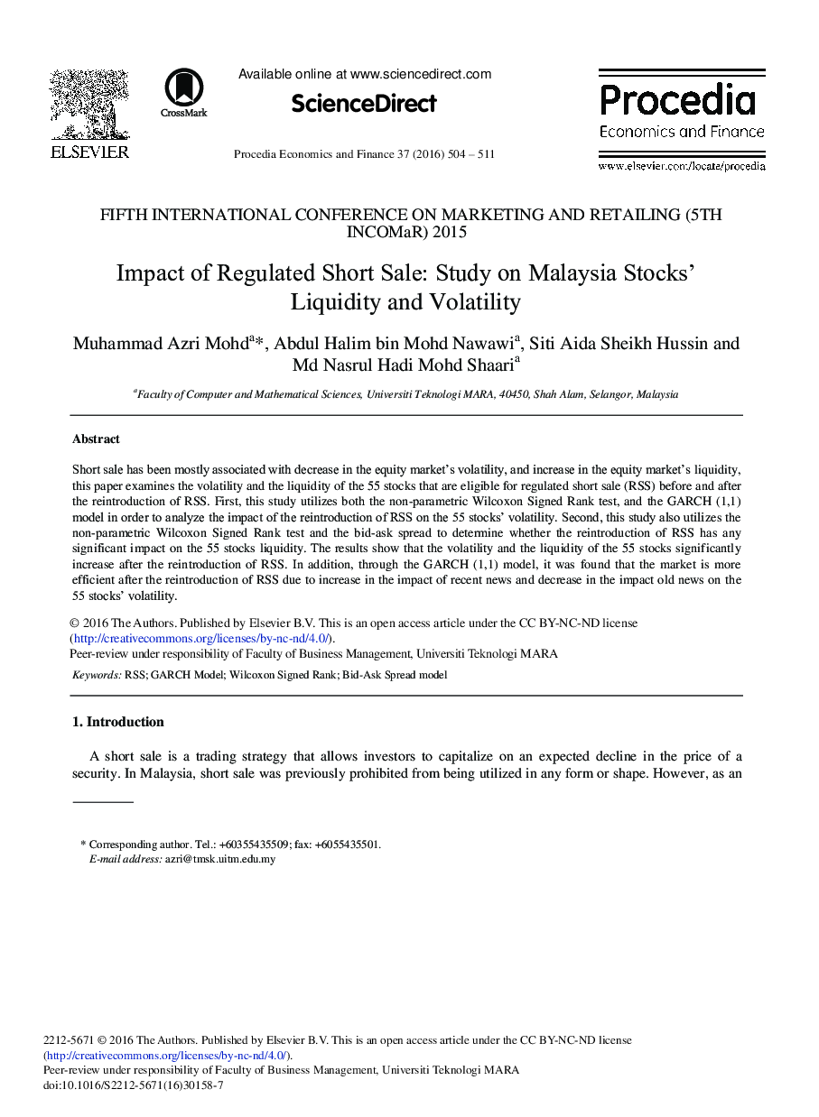 Impact of Regulated Short Sale: Study on Malaysia Stocks’ Liquidity and Volatility 