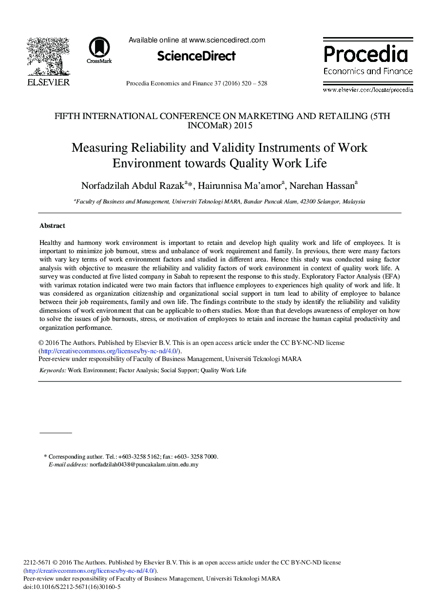 Measuring Reliability and Validity Instruments of Work Environment Towards Quality Work Life 