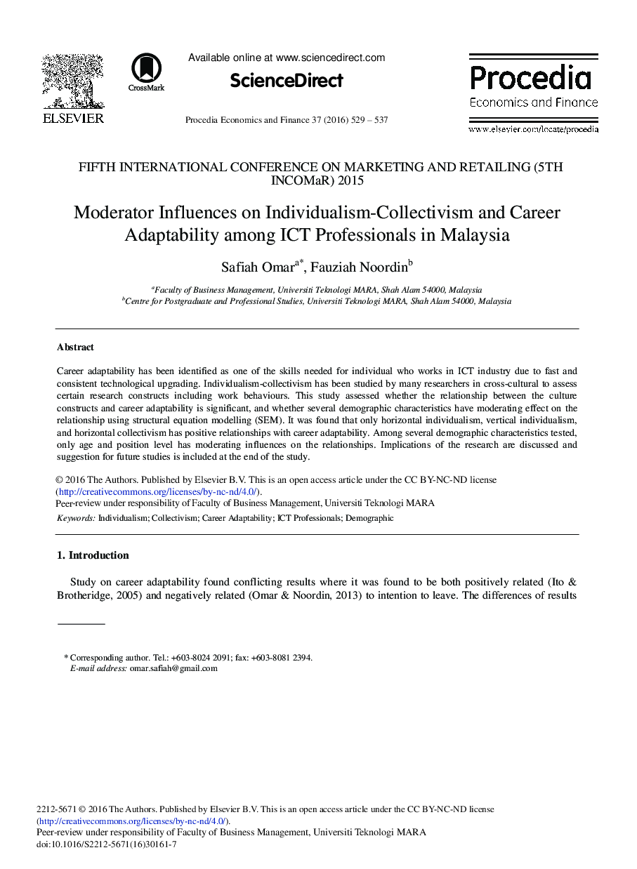 Moderator Influences on Individualism-collectivism and Career Adaptability among ICT Professionals in Malaysia 