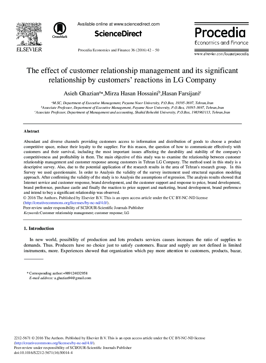 The Effect of Customer Relationship Management and its Significant Relationship by Customers’ Reactions in LG Company 