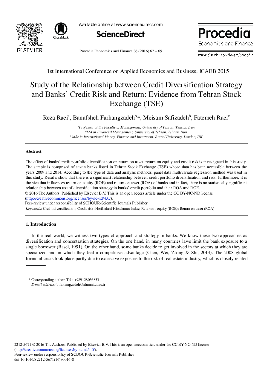 Study of the Relationship between Credit Diversification Strategy and Banks’ Credit Risk and Return: Evidence from Tehran Stock Exchange (TSE) 