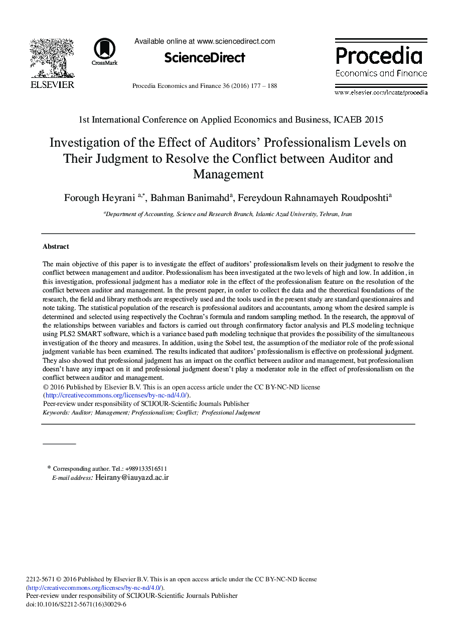 Investigation of the Effect of Auditors’ Professionalism Levels on their Judgment to Resolve the Conflict between Auditor and Management 