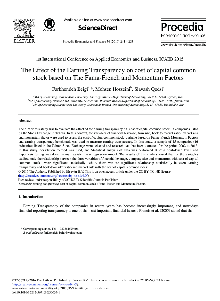 The Effect of the Earning Transparency on cost of capital common stock based on The Fama-French and Momentum Factors 