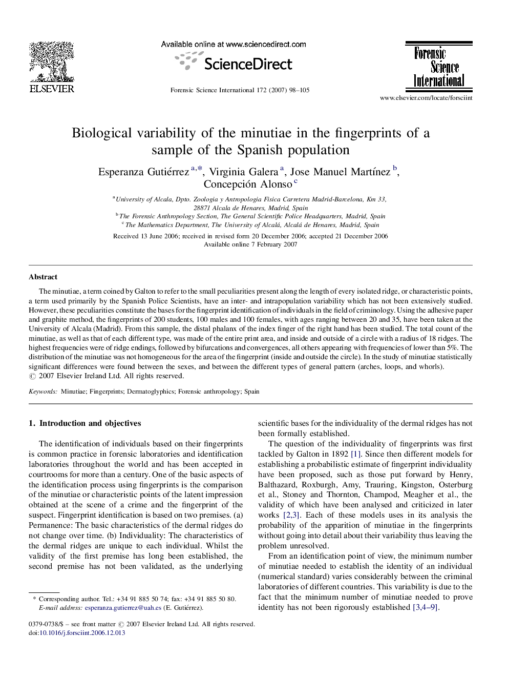 Biological variability of the minutiae in the fingerprints of a sample of the Spanish population