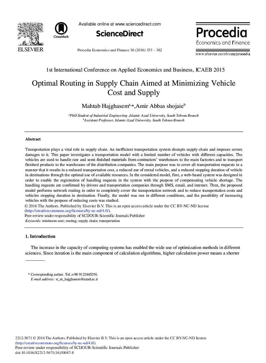 Optimal Routing in Supply Chain Aimed at Minimizing Vehicle Cost and Supply 