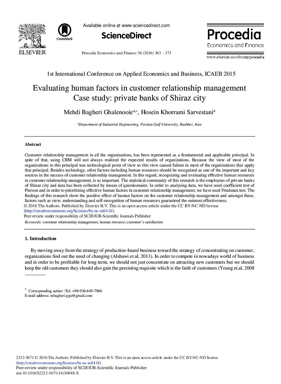 Evaluating Human Factors in Customer Relationship Management Case Study: Private Banks of Shiraz City 