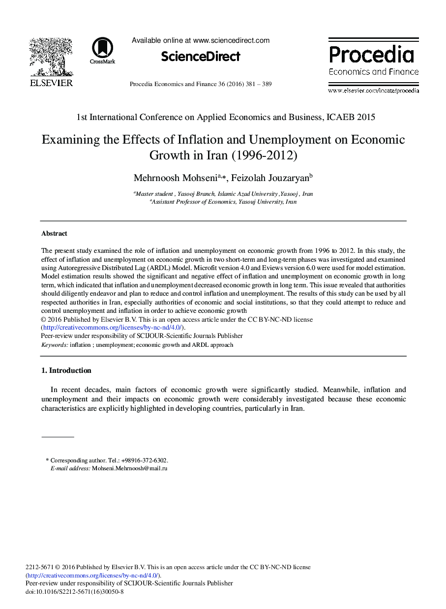 Examining the Effects of Inflation and Unemployment on Economic Growth in Iran (1996-2012) 