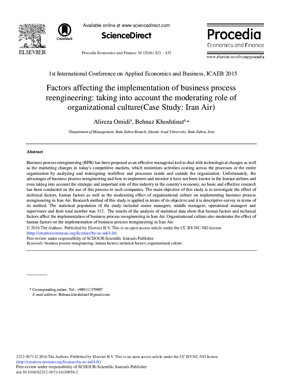 Factors Affecting the Implementation of Business Process Reengineering: Taking into Account the Moderating Role of Organizational Culture (Case Study: Iran Air) 