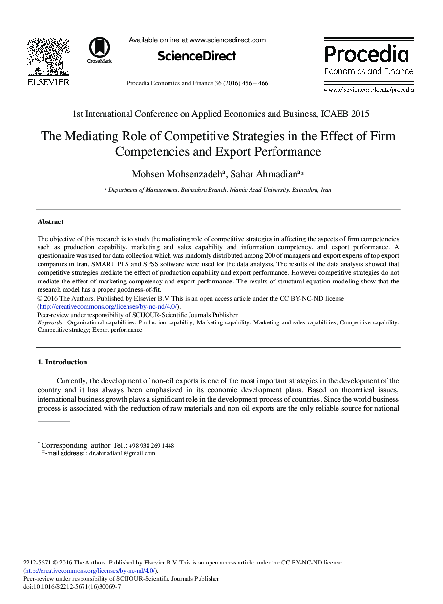 The Mediating Role of Competitive Strategies in the Effect of Firm Competencies and Export Performance 