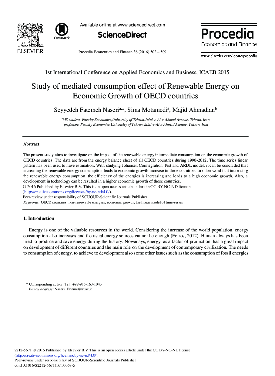 Study of Mediated Consumption Effect of Renewable Energy on Economic Growth of OECD Countries 