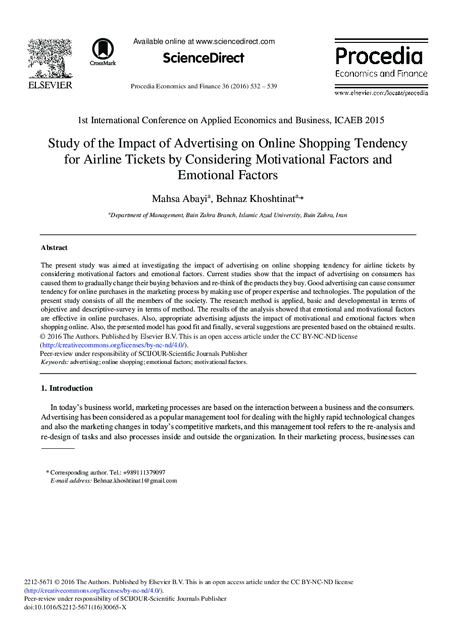Study of the Impact of Advertising on Online Shopping Tendency for Airline Tickets by Considering Motivational Factors and Emotional Factors 
