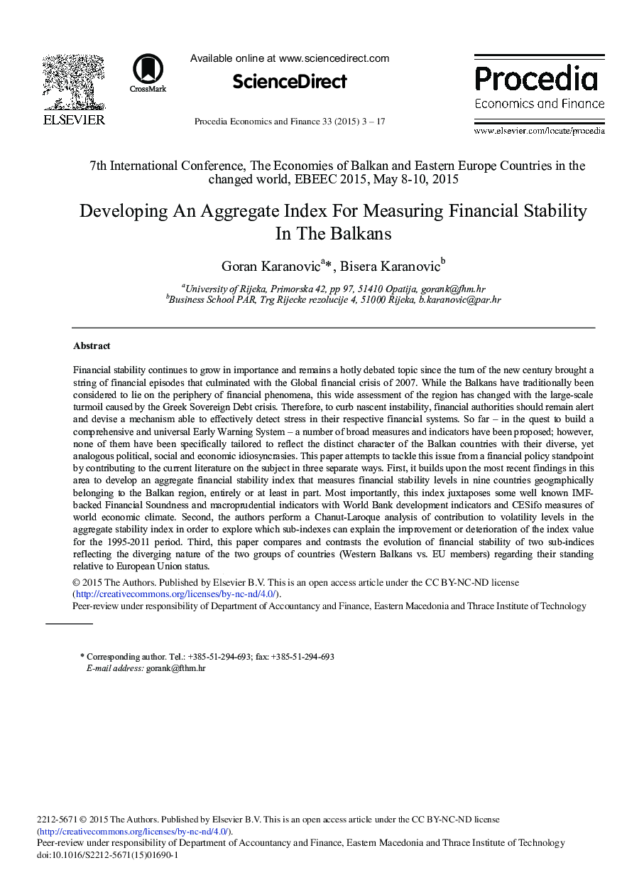 Developing an Aggregate Index for Measuring Financial Stability in the Balkans 